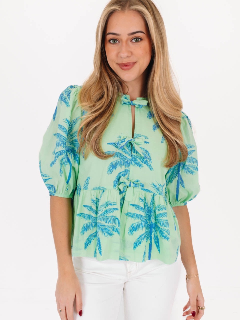 Light Green Palm-Print Tie-Neck Peplum Blouse